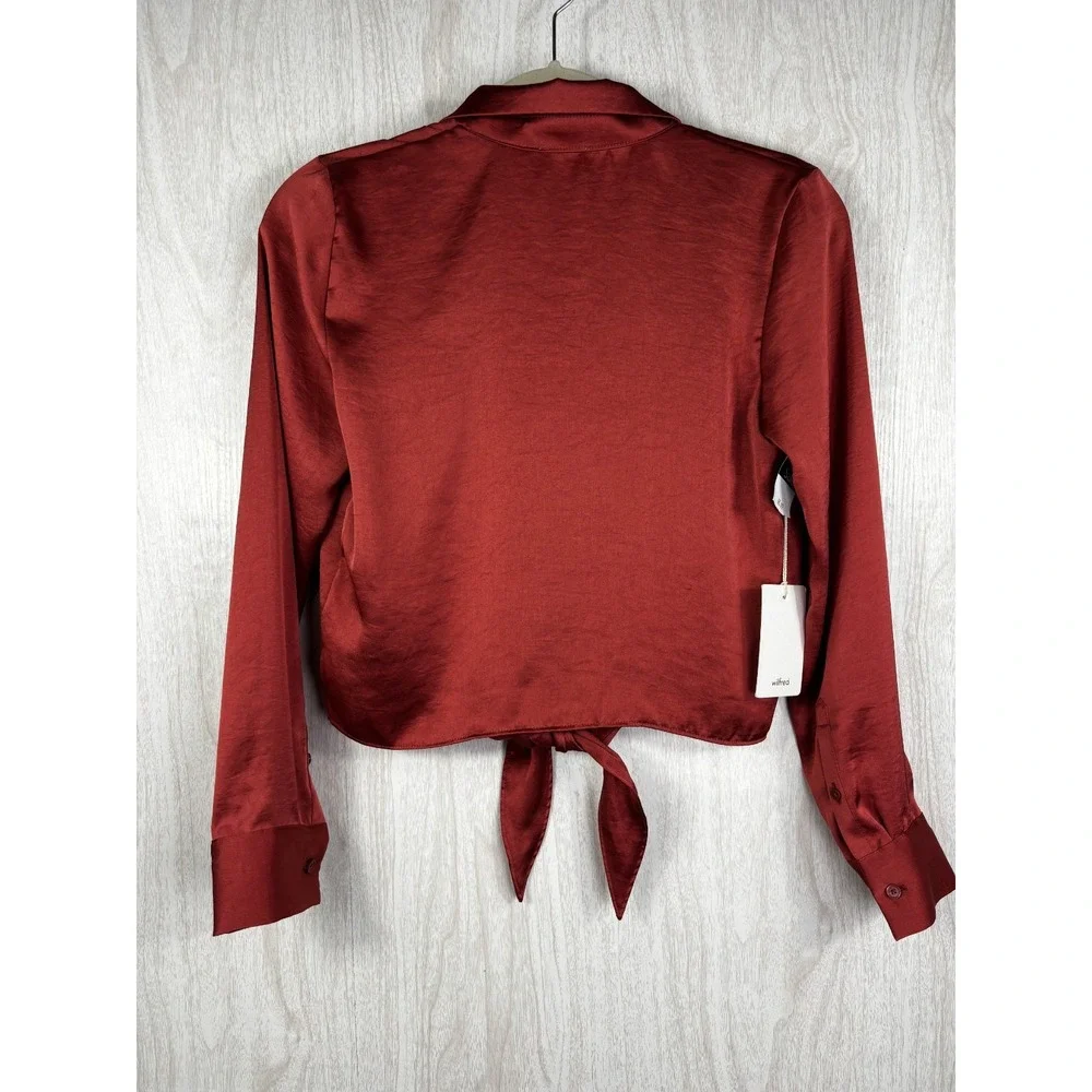 Wilfred Aritzia XS Rust Satin Tie Front Blouse Long Sleeve NWT Chic - Picture 3 of 9
